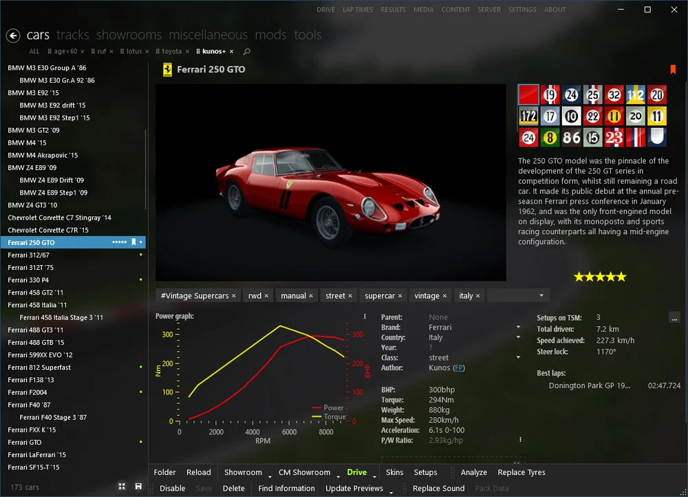 The Content Manager car library displaying a Ferrari 250 GTO with full specifications