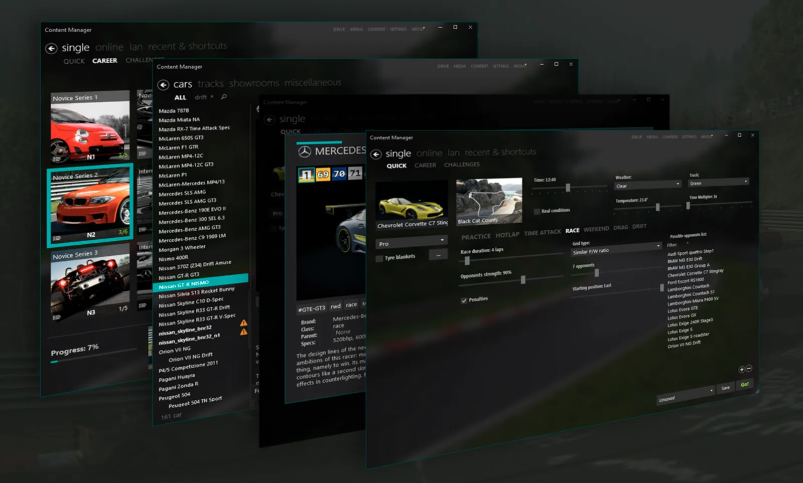 Content Manager for Assetto Corsa showing the single-player, car list and race setup windows